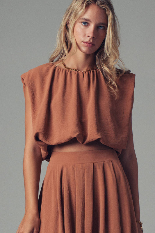 Back Tie Sleeveless Relaxed Top: CAMEL / S-2/M-2/L-2