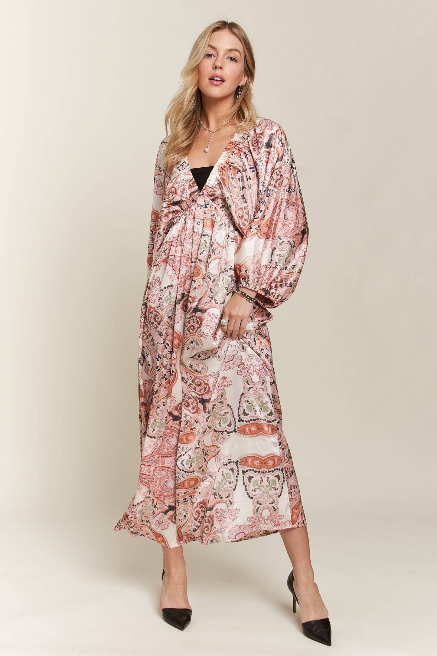 CED3540WN - BATWING SLEEVE BOHO PAISLEY DRESS: OLIVE / M