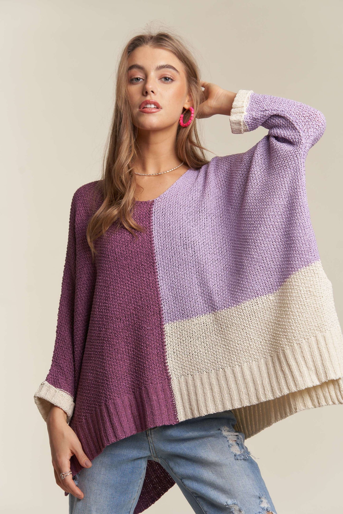 CESW3416 - LIGHTWEIGHT COLORBLOCK SWEATER TOP: LILAC / M/L