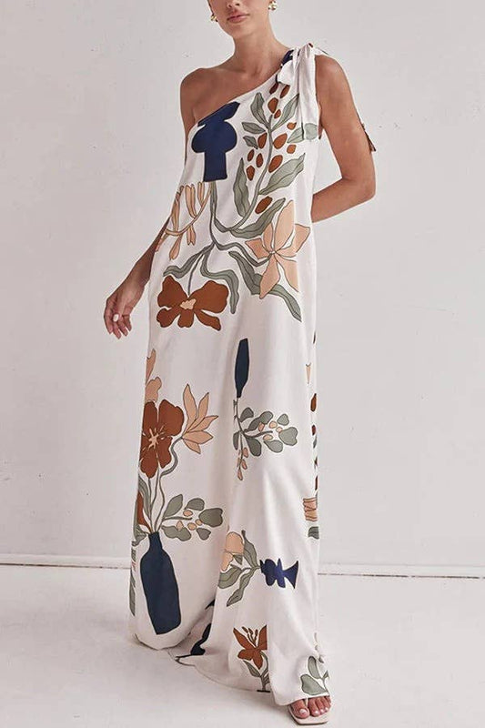 2025 Léonie Floral one shoulder dress w shoulder tie: White / XL