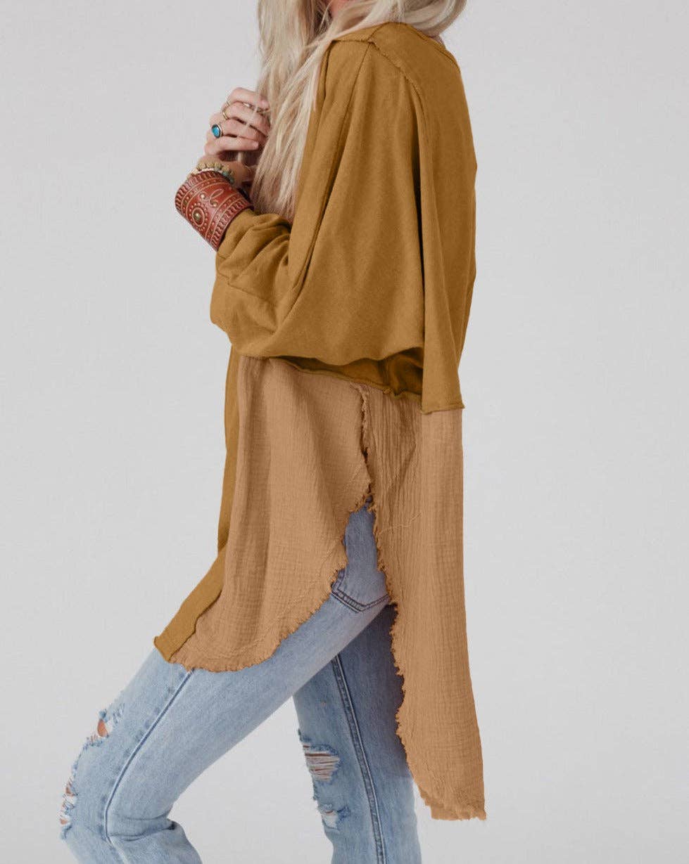 Crinkle Patchwork Raw Edge Blouse: Orange / 80%Polyester+20%Cotton / L