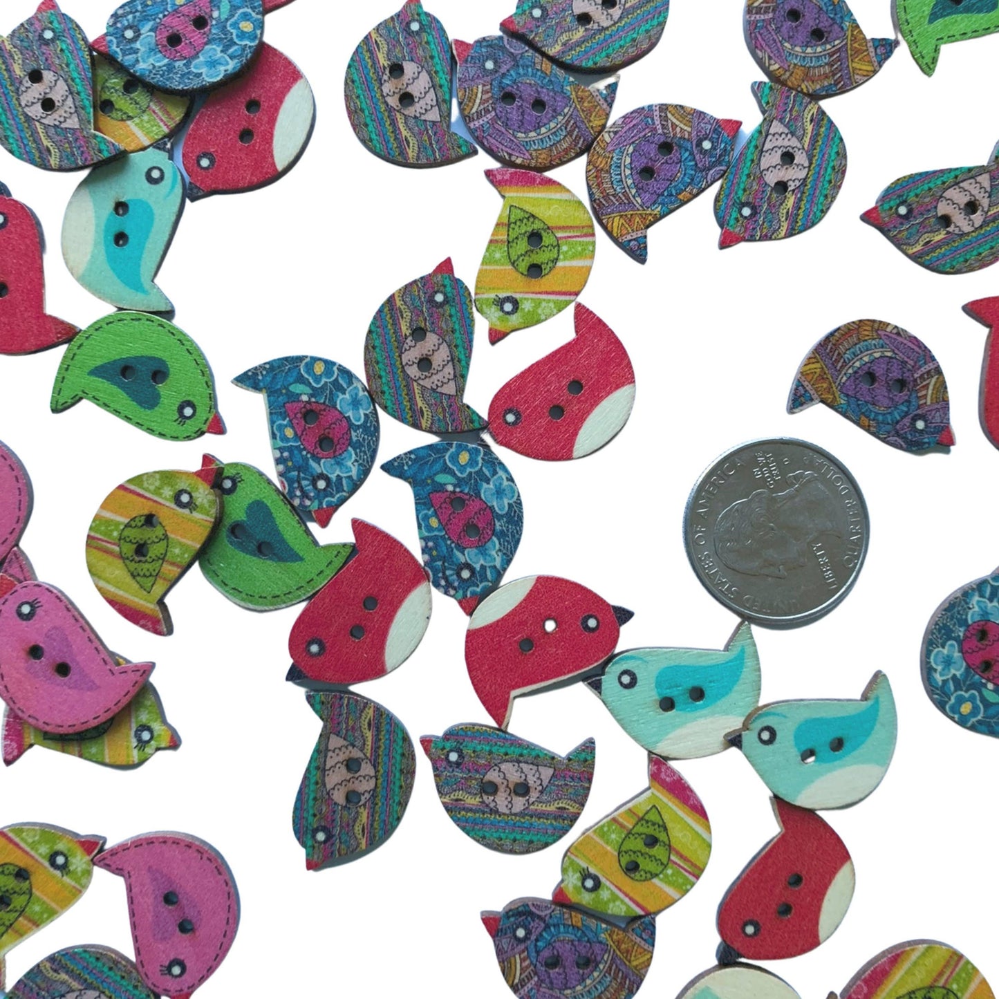 Colorful Random Mix Of Wooden Bird Buttons - Bird Buttons, W: 10 Buttons