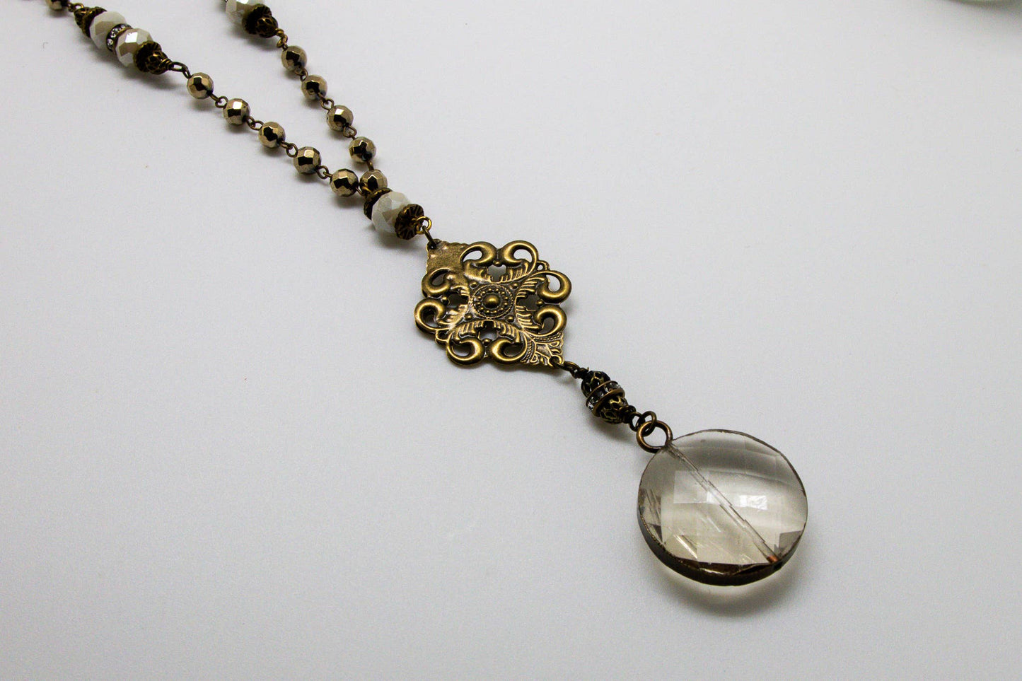 Necklace Long Vintage Gold Hematite Circle Glass Drop