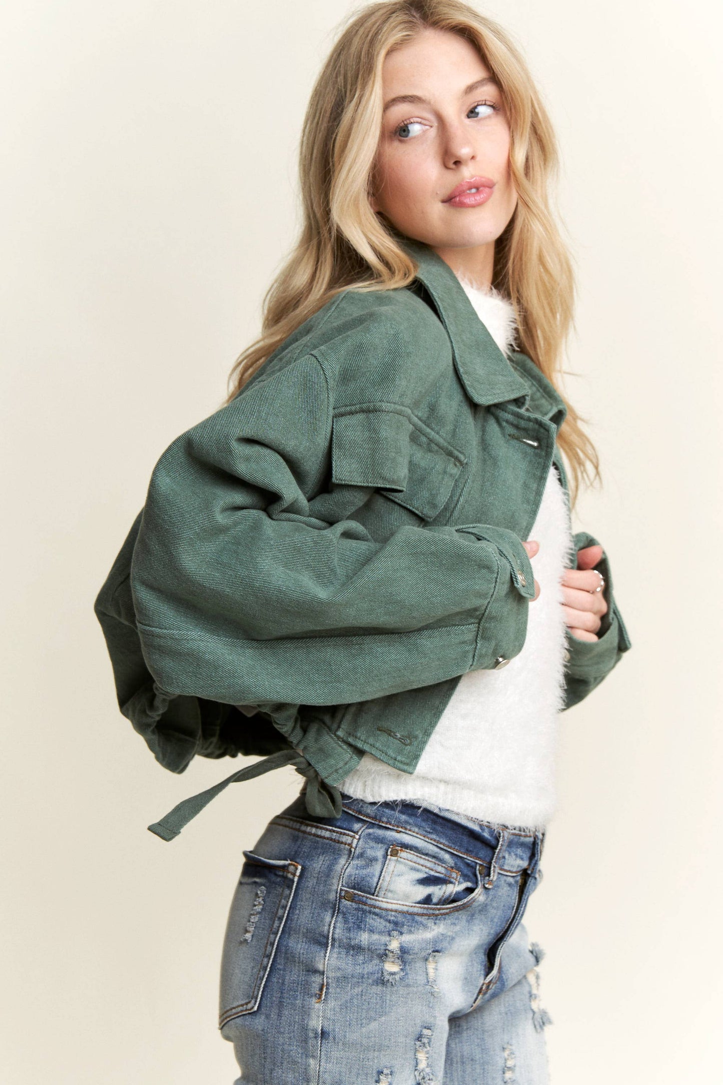 CEJ3653 - DRAWSTRING WAIST WASHED DENIM JACKET: FOREST GREEN / M