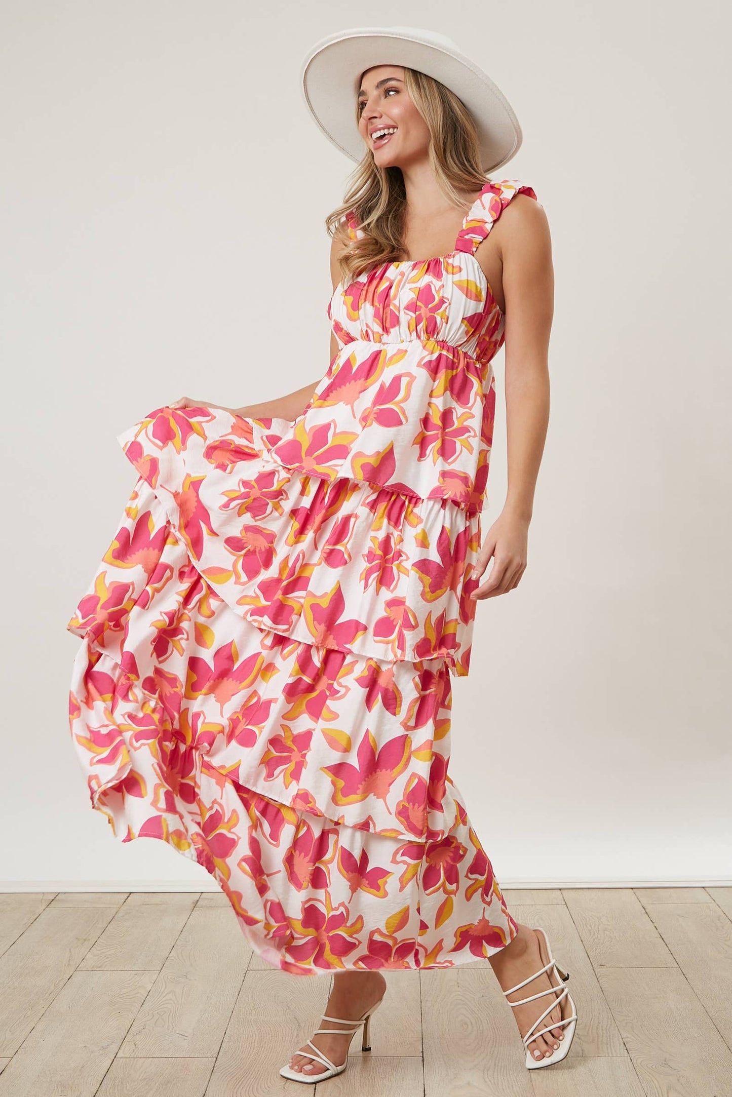 Tiered Floral Maxi Dress: WHITE/FUCHSIA / M