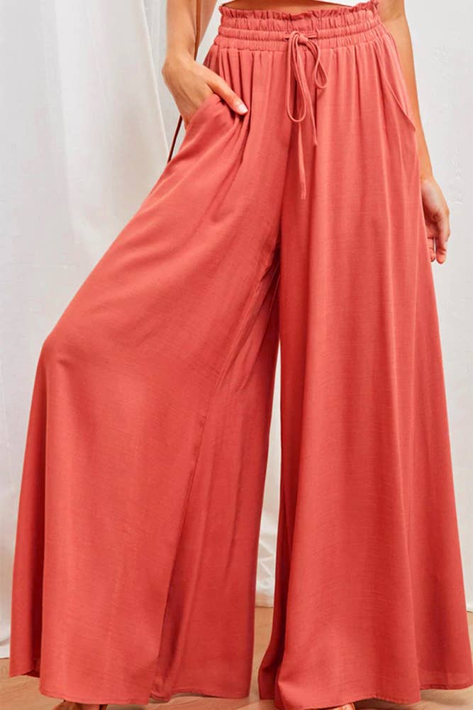 High Waist Wide Leg Pants With Drawstring BTMW245: Khaki / S