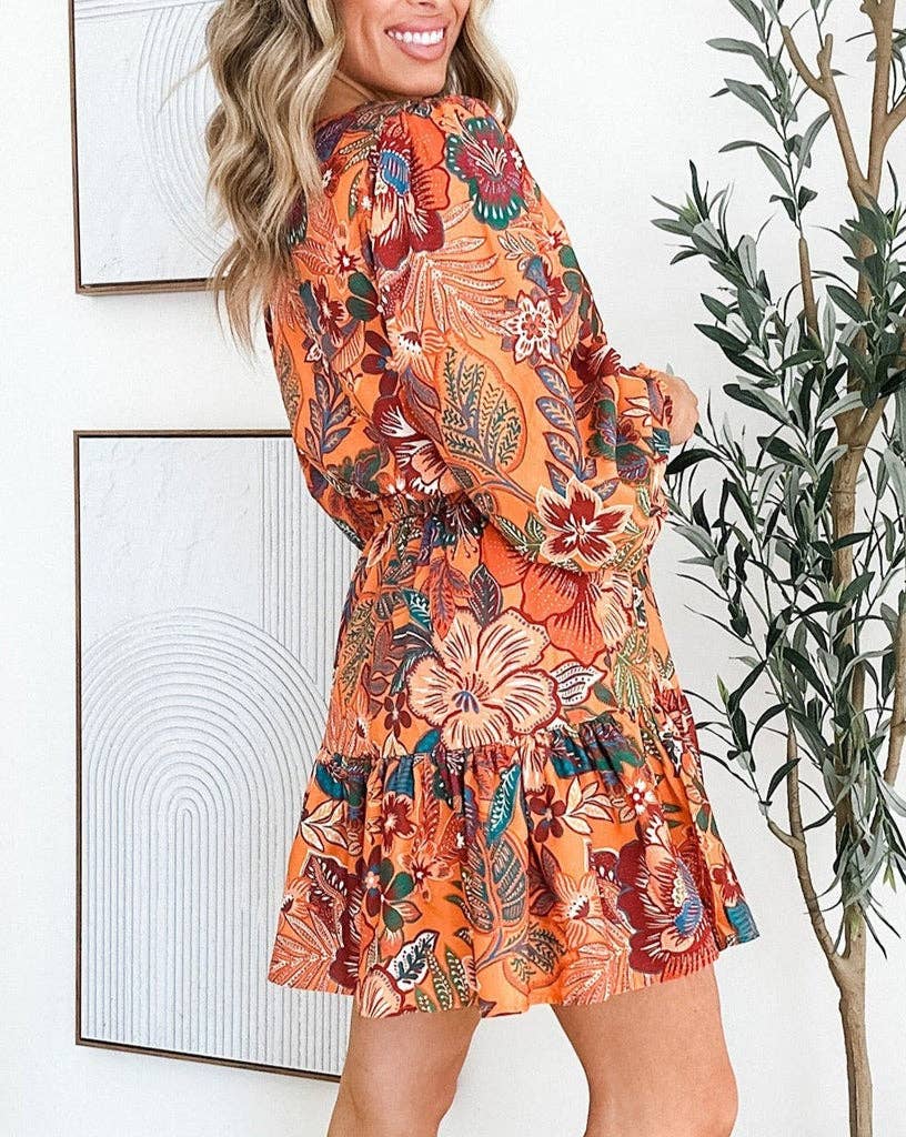 Floral Bubble Sleeve Belted Dress: Orange