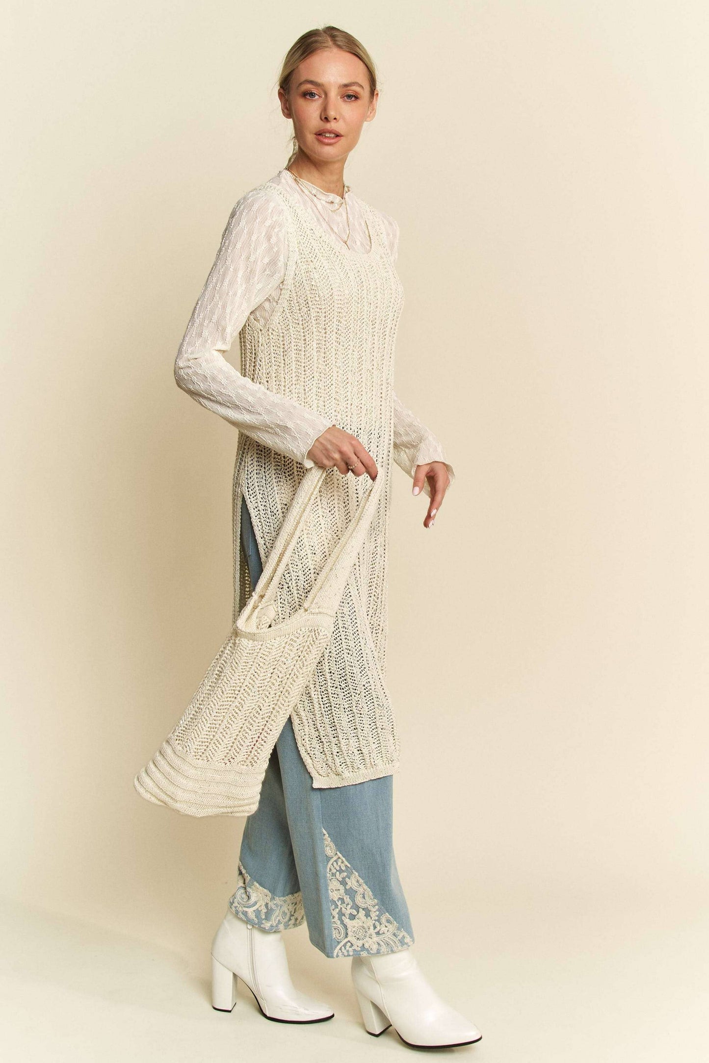 KNIT SIDE SLIT ROUND NECK SLEEVE LESS DRESS & BAG: Beige / S