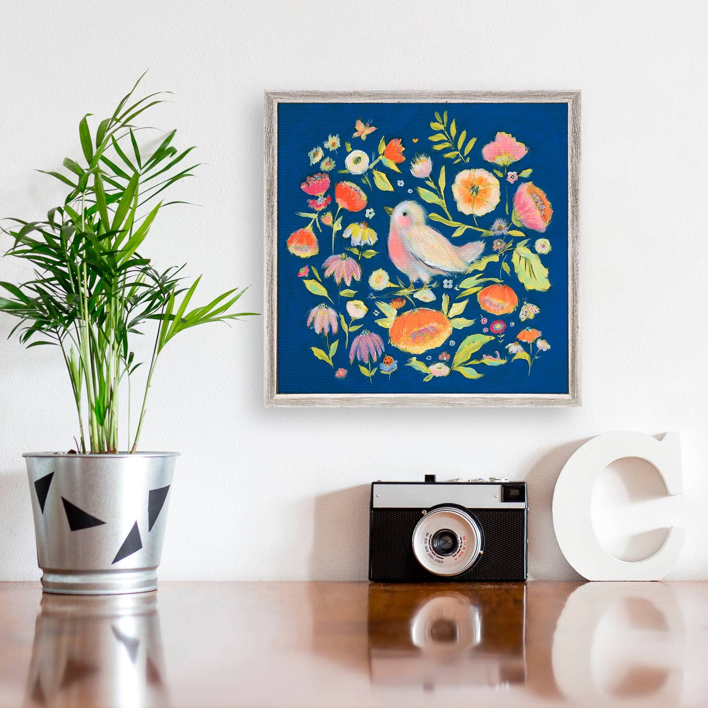 Bird In A Blue Garden Mini Framed Canvas