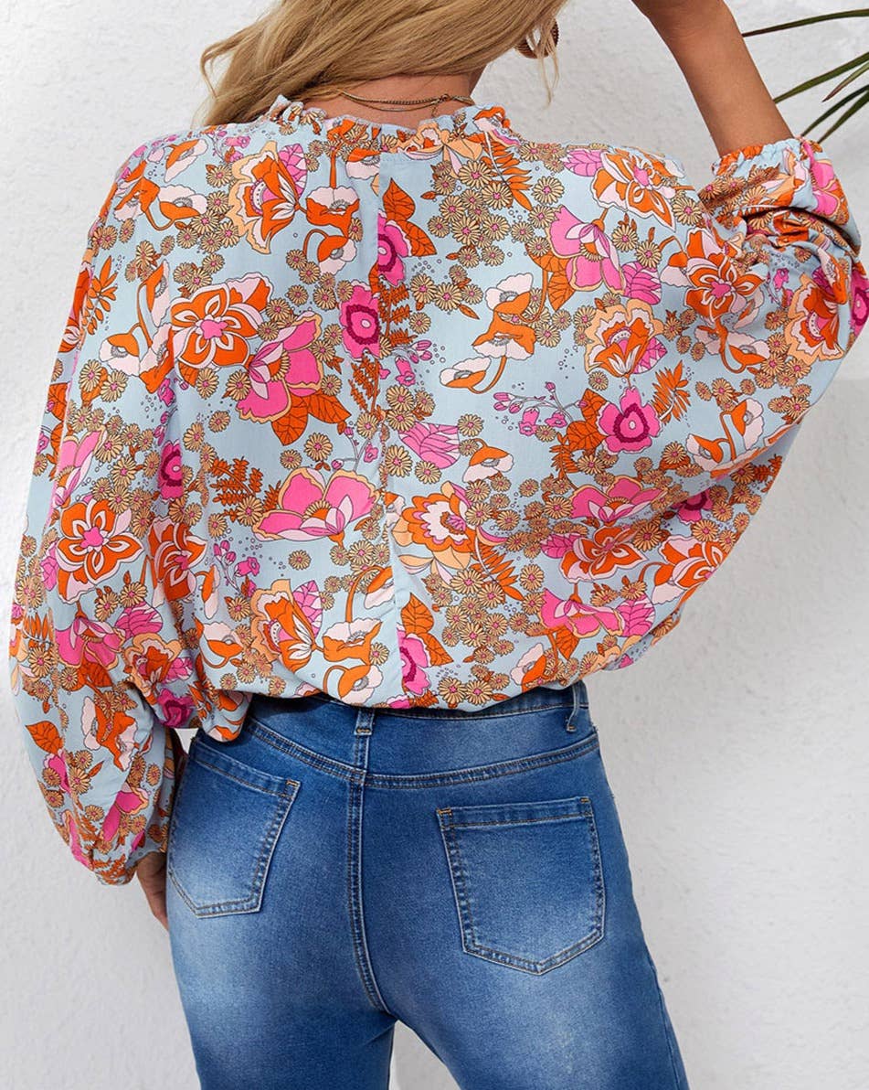 Floral Ruched Split V-Neck Blouse