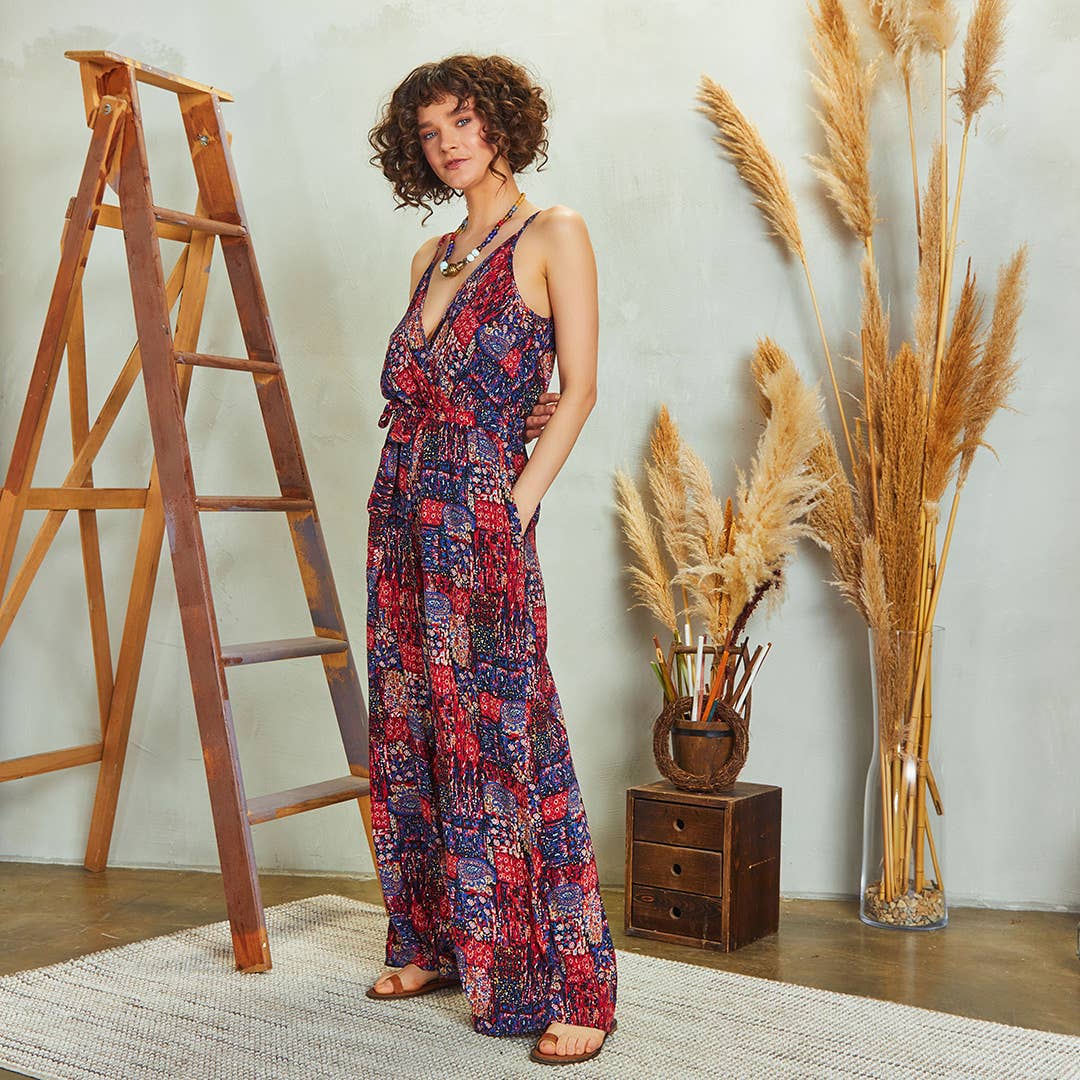 Red Print Wide Leg Jumpsuit