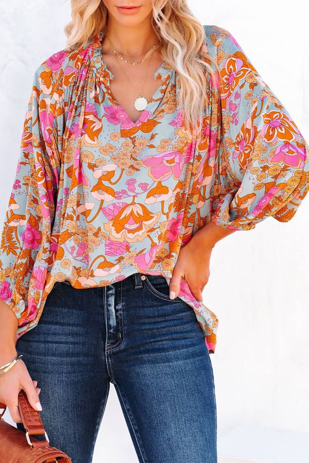 Floral Ruched Split V-Neck Blouse