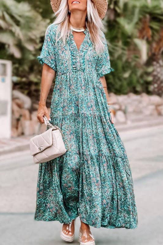 Paisley Ruffle Tiered Maxi Dress: M / Sky Blue