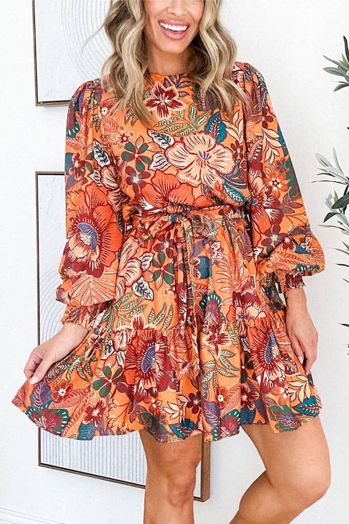 Floral Bubble Sleeve Belted Dress: Orange